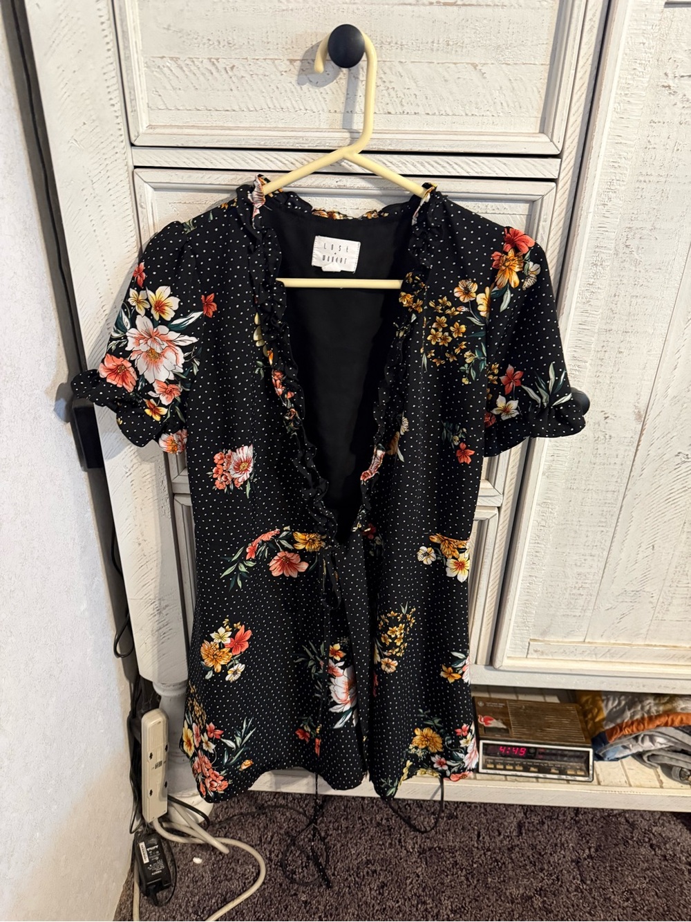 Lost + Wander Black Floral Mini Dress with Ruffle Trim
